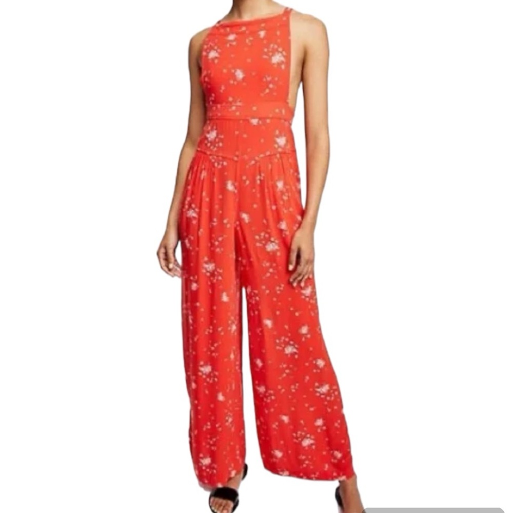 FREE PEOPLE red tie back floral jumpsuit